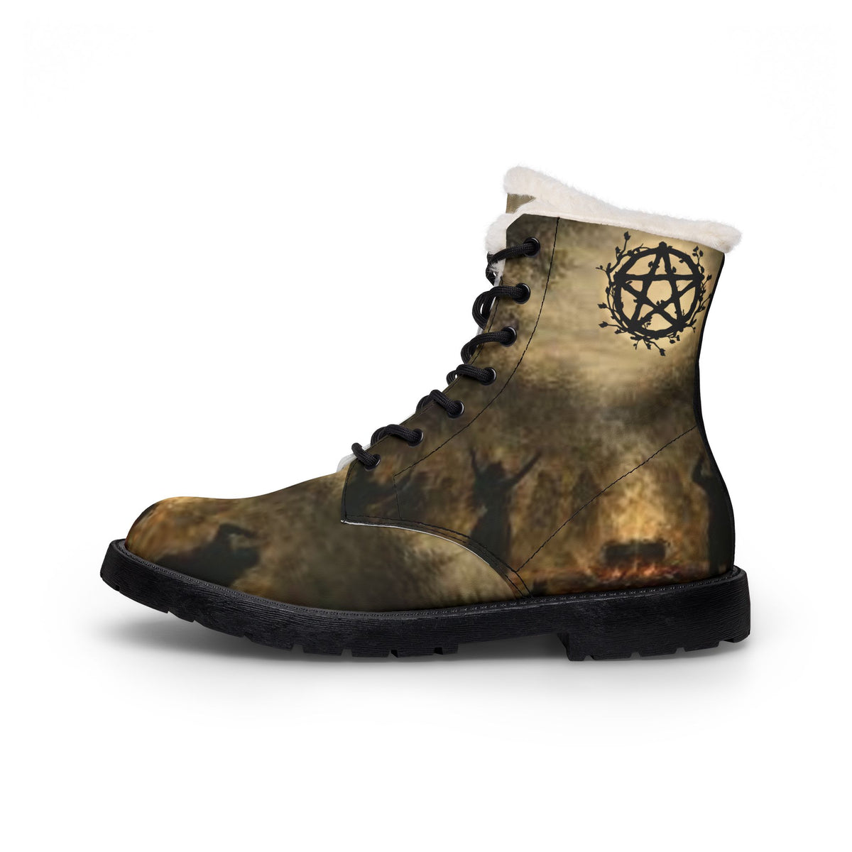 Women’s Fur-Lined Leather Combat Boots — Distressed Anarchy Pentagram Design