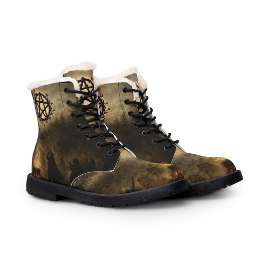 Women’s Fur-Lined Leather Combat Boots — Distressed Anarchy Pentagram Design